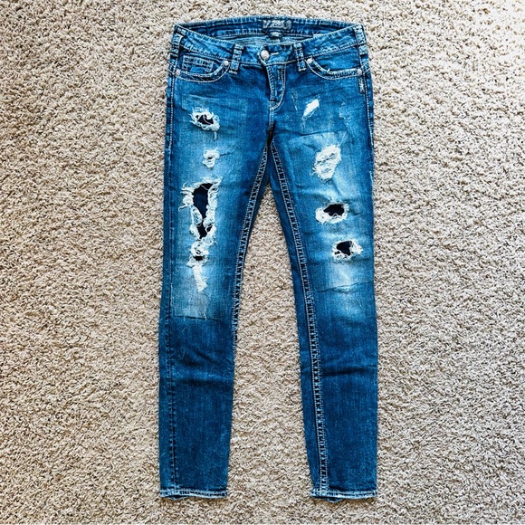 Silver Jeans Stylish Blue Denim Skinny Jeans Distressed 31 X 33 Women’s - Picture 2 of 12